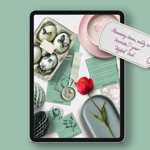 May include: A digital planner with a green and white color scheme. The planner includes a variety of stickers, including a flower, a butterfly, and a stamp. The text "Stunning items, ready to decorate your digital desk" is written on a pink tag.