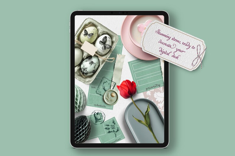 May include: A digital planner with a green and white color scheme. The planner includes a variety of stickers, including a flower, a butterfly, and a stamp. The text "Stunning items, ready to decorate your digital desk" is written on a pink tag.