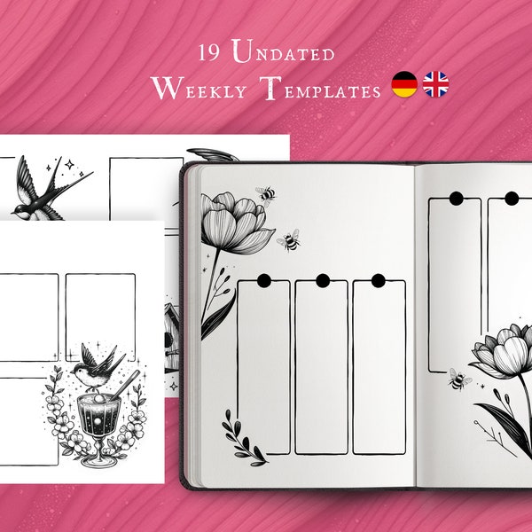 SPRING Edition - Undated Weekly templates, horizontal, English and German, PDF and PNG