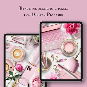 May include: A digital planner screen featuring pink and gold stickers, a pink laptop, a cup of coffee, and a pink phone. The text "Beautiful Realistic Stickers for Digital Planning" is at the top of the screen.