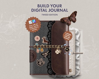 Op de afbeelding: Een digitaal dagboek getiteld BUILD YOUR DIGITAL JOURNAL TWEED EDITION met een donkerbruine kaft, zwarte kanten rand, gouden ketting en stickers zoals een hond, theepot en vlinder. Tekst: 4 JOURNAL COLORS, OVER 600 STICKERS.