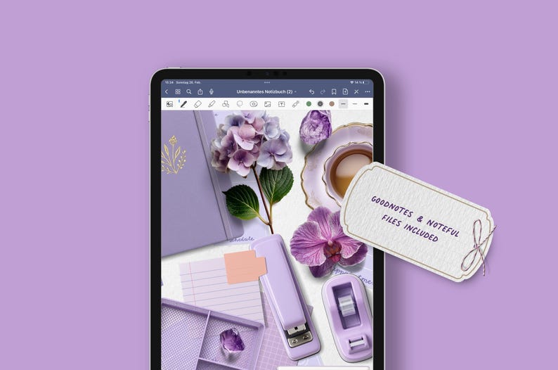 May include: A digital tablet displays a flat lay of stationery and floral elements in shades of purple. Items include a notebook, stapler, tape dispenser, and a tag that reads "GOODNOTES & NOTEFUL FILES INCLUDED".