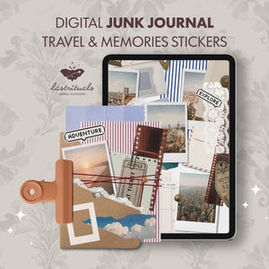 May include: A digital tablet displaying a junk journal layout with travel and memory stickers. The screen shows layered photos, film strips, and text labels like EXPLORE and ADVENTURE. A peach-colored binder clip is attached to the side.