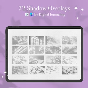 Peut inclure: Une tablette numérique affiche 32 superpositions d'ombres pour le journal numérique. Les superpositions présentent divers motifs, notamment des feuilles, des papillons et des éléments architecturaux. Le texte en haut indique "32 Shadow Overlays for Digital Journaling."