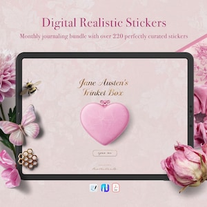 Puede incluir: Pegatinas realistas digitales, un paquete de diario mensual. La imagen presenta una tableta con un adorno rosa en forma de corazón, flores, una abeja y una mariposa. El texto incluye "Jane Austen's Trinket Box" y "WOMAN".