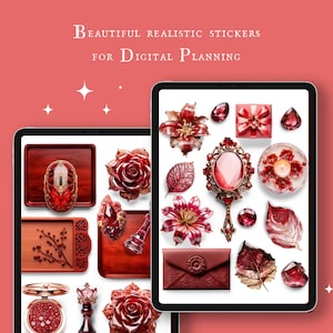 Könnte beinhalten: Ein digitaler Tablet-Bildschirm zeigt eine Sammlung roter und goldener digitaler Sticker für die digitale Planung. Die Sticker umfassen eine Rose, einen Spiegel, eine Geschenkbox, eine Kerze, ein Blatt und eine Schachfigur.