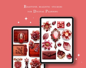 May include: A digital tablet screen displaying a collection of red and gold digital stickers for digital planning. The stickers include a rose, a mirror, a gift box, a candle, a leaf, and a chess piece.