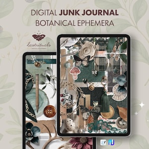 Può includere: Set di effimera botanica per diario digitale con due schermi di tablet che mostrano collage stratificati di texture verde scuro, marrone e crema, illustrazioni di farfalle, funghi, pizzo, catene dorate, nappe ed elementi in carta vintage.