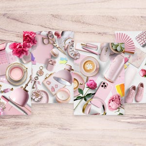 May include: A collage of pink and white themed office supplies, including a laptop, a lamp, a coffee cup, a phone, a fan, a keyboard, pens, and flowers.