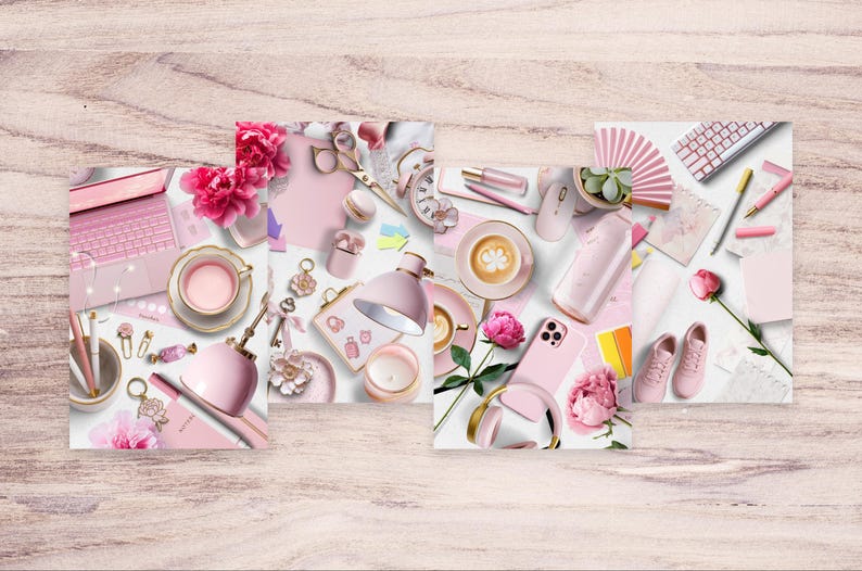 May include: A collage of pink and white themed office supplies, including a laptop, a lamp, a coffee cup, a phone, a fan, a keyboard, pens, and flowers.