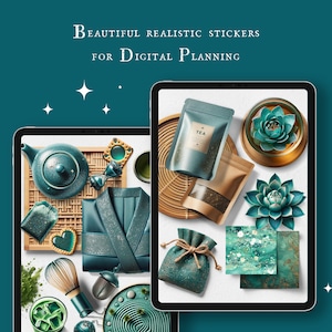 May include: Two tablets display digital planning stickers. One features a teal teapot, matcha, and a robe. The other shows tea packets, a succulent, and decorative paper. The text reads: "BEAUTIFUL REALISTIC STICKERS FOR DIGITAL PLANNING."