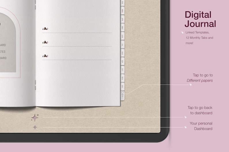 May include: Digital journal on a tablet screen. The open journal pages are white with lines and decorative elements. The right side of the screen displays the words "Digital Journal" and other text. The background is a light tan color.