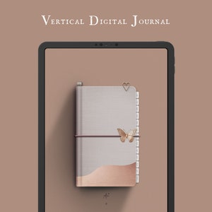 May include: A digital journal app on a tablet screen, showing a digital notebook with a butterfly and a heart design. The notebook is on a light brown background.