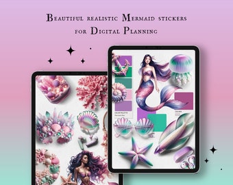 Mermaid Sticker Kit - Realistic Digital Stickers, 80 PNG Sticker and Goodnotes File