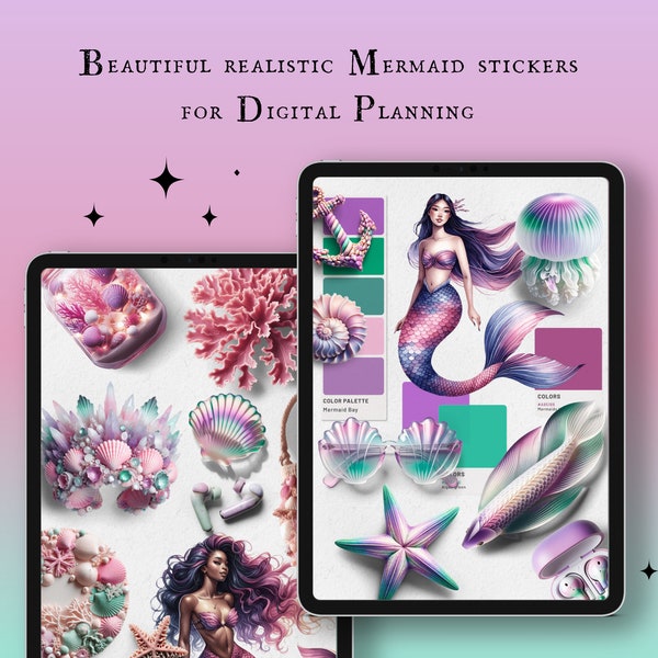 Mermaid Sticker Kit - Realistic Digital Stickers, 80 PNG Sticker and Goodnotes File