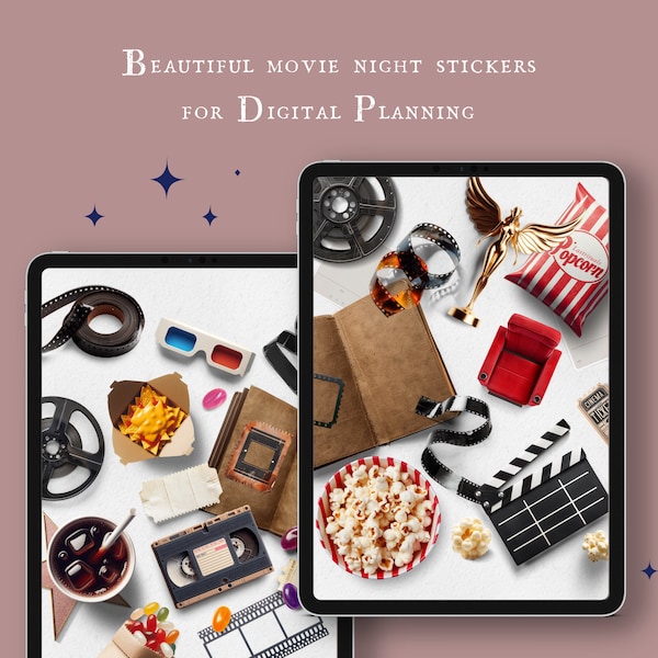 Movie Night - Realistic Digital Stickers, PNG and Goodnotes file