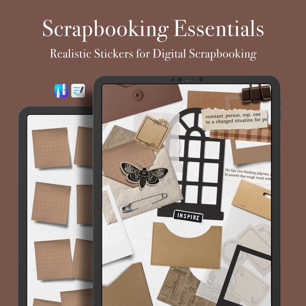 Pegatinas digitales para scrapbooking - Elementos esenciales para scrapbooking - PNG y archivo Goodnotes y Noteful
