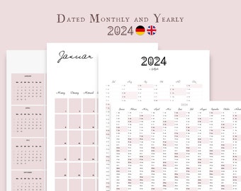 ENGLISH 2024 yearly overview and monthly overviews A4 - dated and undated - PDF and PNG - printable