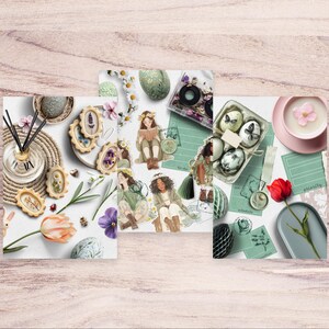 May include: Three digital collage sheets featuring illustrations of flowers, eggs, butterflies, and girls. The sheets are printed on white paper with a green background.