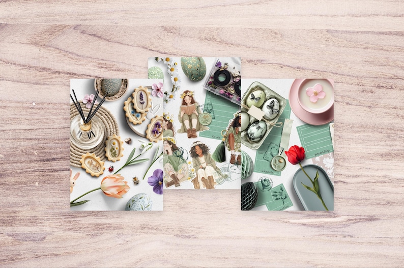 May include: Three digital collage sheets featuring illustrations of flowers, eggs, butterflies, and girls. The sheets are printed on white paper with a green background.