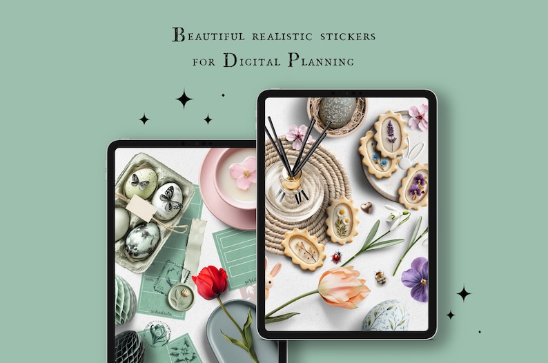 May include: Digital planner stickers featuring realistic illustrations of Easter eggs, flowers, and other spring-themed designs. The stickers are displayed on a digital tablet screen.