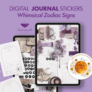 Könnte beinhalten: Digitale Journal-Sticker mit skurrilen Tierkreiszeichen. Das Bild zeigt ein Tablet mit einer Collage von Stickern, darunter florale Elemente, Papier-Ephemera und Tierkreis-Illustrationen. Die Farbpalette ist zartes Lila und Beige.