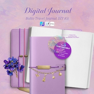 Può includere: Un kit di diario digitale con tema viaggio Boho. L'immagine mostra un diario viola con un braccialetto con ciondoli dorati, un bouquet di fiori blu e il testo "Digital Journal" e "BoHo Travel Journal DIY Kit".