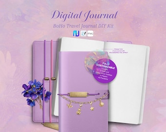 Cyfrowy dziennik DIY, zestaw do tworzenia boho-dziennika podróżnego, 180 naklejek | Holograficzna okładka Goodnotes Noteful | Książka z naklejkami kwiatowymi PNG Slim Journal