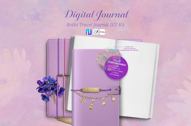 Digital Journal DIY Kit Boho Travel Notebook 180 Stickers | Holographic ...