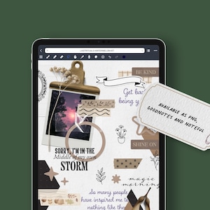 May include: Digital planner on a tablet screen with a collage design. The design includes a photo, decorative tape, and handwritten text that says "Sorry, I'm in the middle of my own storm." A tag reads "Available as PNG, Goodnotes and Noteful."