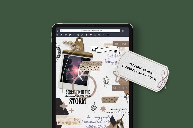 May include: Digital planner on a tablet screen with a collage design. The design includes a photo, decorative tape, and handwritten text that says "Sorry, I'm in the middle of my own storm." A tag reads "Available as PNG, Goodnotes and Noteful."