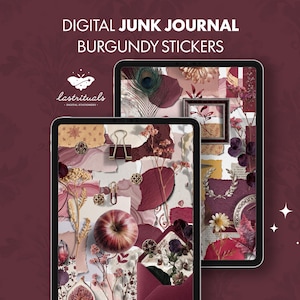 Könnte beinhalten: Zwei Tablets zeigen ein digitales Junk-Journal-Set mit burgunderroten Stickern. Die Bildschirme zeigen Collagen mit einem Apfel, einer Pfauenfeder, Trockenblumen, Umschlägen und Metallclips. Text: DIGITAL JUNK JOURNAL BURGUNDY STICKERS und lastrituals.