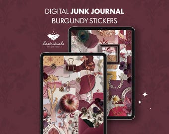 150+ Digital Stickers Burgundy Scrapbook Ephemera: Vintage Accessories, Butterflies, Papers For Digital Journals, GoodNotes, Noteful & PNG.