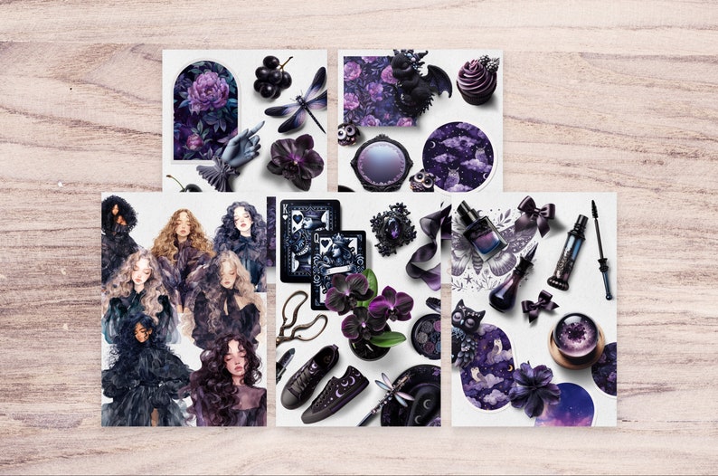 May include: A set of six stickers featuring a variety of dark and whimsical designs. The stickers include a floral pattern, a black bat, a cupcake, a mirror, a dragonfly, a playing card, a pair of scissors, a pair of black sneakers, a black orchid, a bottle of nail polish, a mascara wand, a black cat, and a crystal ball.