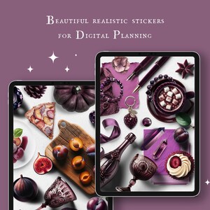May include: Two digital planners with purple and white stickers. The stickers include a variety of items, such as a pie, fruit, a bottle of wine, a cup of hot chocolate, and a star anise.