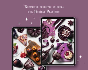 May include: Two digital planners with purple and white stickers. The stickers include a variety of items, such as a pie, fruit, a bottle of wine, a cup of hot chocolate, and a star anise.