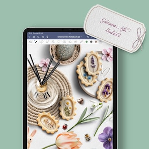 May include: A digital tablet displaying a white background with a variety of spring-themed decorations, including cookies, flowers, and a diffuser. The cookies are decorated with floral designs and the flowers include lavender, snowdrops, and pansies. The text "Goodnotes file included" is visible on a tag in the upper right corner of the image.