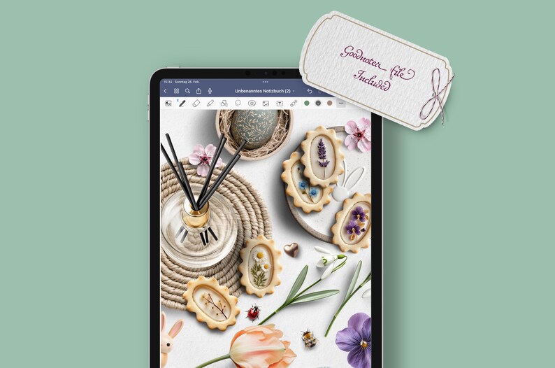 May include: A digital tablet displaying a white background with a variety of spring-themed decorations, including cookies, flowers, and a diffuser. The cookies are decorated with floral designs and the flowers include lavender, snowdrops, and pansies. The text "Goodnotes file included" is visible on a tag in the upper right corner of the image.
