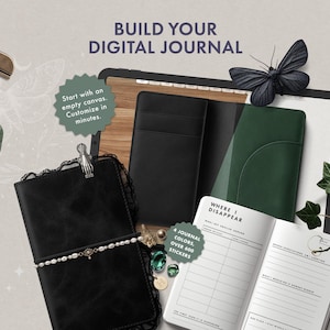 May include: A digital journal kit featuring a black leather-style cover, a tablet displaying a journal interface, and an open planner page with the text "WHERE I DISAPPEAR". Includes a black butterfly, green ivy, and pearl-beaded elastic bands.