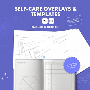 Pode incluir: Sobreposições e modelos de autocuidado em inglês e alemão, nos formatos PNG e PDF. Inclui layouts anuais, semanais e mensais, 84 modelos e 15 grades em branco. As folhas de papel branco exibem vários gráficos, rodas da vida e padrões de pontos.
