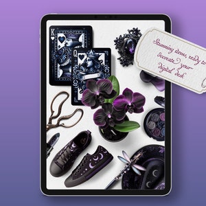 May include: A digital tablet displaying a collection of black and purple themed digital stickers, including playing cards, a flower, shoes, a dragonfly, and a hat. The text on the tag reads "Stunning items ready to decorate your digital desk."