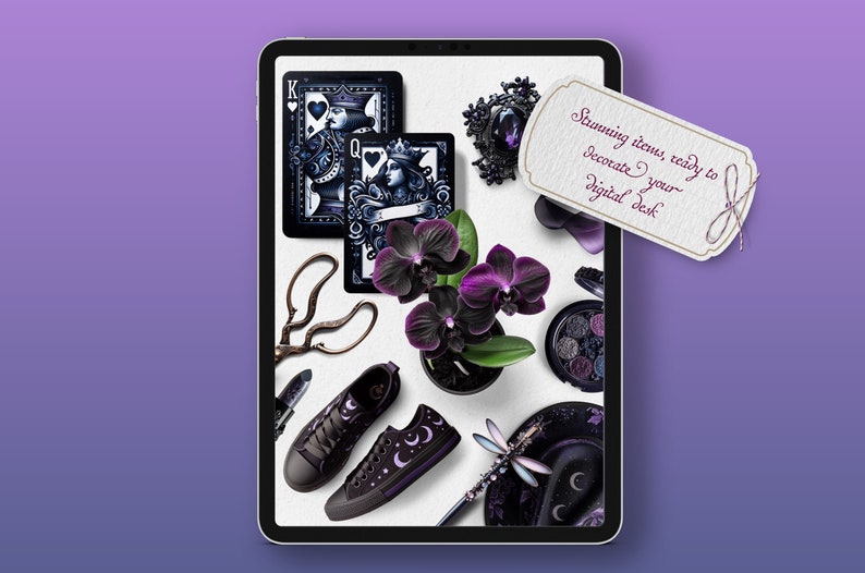 May include: A digital tablet displaying a collection of black and purple themed digital stickers, including playing cards, a flower, shoes, a dragonfly, and a hat. The text on the tag reads "Stunning items ready to decorate your digital desk."