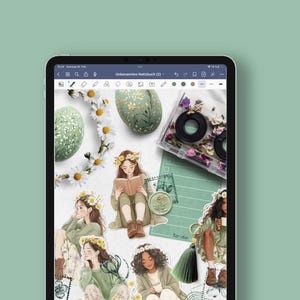 May include: Digital illustration of a green and white floral pattern with a cassette tape and several women wearing floral crowns and green dresses. The women are holding books and flowers.