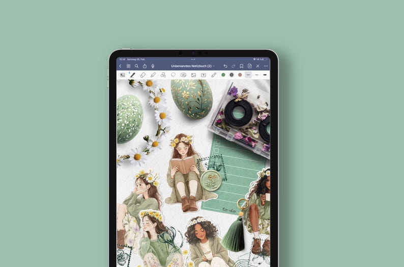 May include: Digital illustration of a green and white floral pattern with a cassette tape and several women wearing floral crowns and green dresses. The women are holding books and flowers.