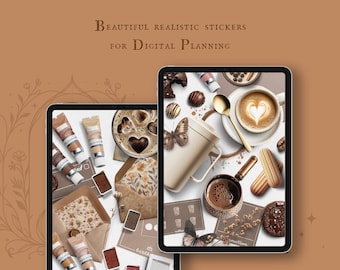 Puede incluir: Dos pantallas de planificador digital con pegatinas realistas. La pantalla de la izquierda muestra pinturas de acuarela, sobres y un patrón floral. La pantalla de la derecha muestra café, chocolate y una mariposa.