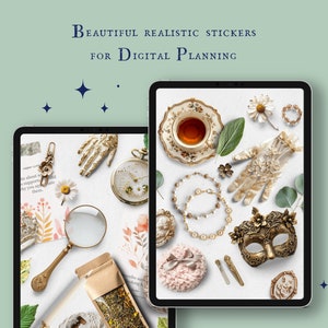 May include: A digital tablet screen displaying a collection of gold and white stickers, including a teacup, gloves, a mask, and a tea bag. The stickers are arranged on a white background. The text "Beautiful Realistic Stickers for Digital Planning" is displayed at the top of the screen.