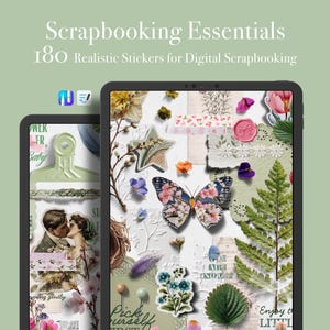 Pegatinas digitales, kit de álbum de recortes con motivos primaverales (más de 180) | Notas vintage de Pascua | Libro de pegatinas PNG de flores, mariposas y washi