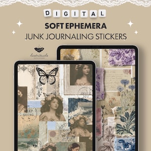 May include: Two tablets displaying digital soft ephemera junk journaling stickers. The screens feature collages with vintage portraits, butterfly illustrations, floral patterns, and text stamps reading "KEEP GOING", "SMALL JOY", and "GOOD VIBES".