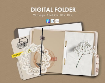 Vintage Archiv Ordner für Goodnotes und Noteful | +175 Individuelle PNG zum Digital Journal selber machen | Goodnotes / Noteful Stickerbuch