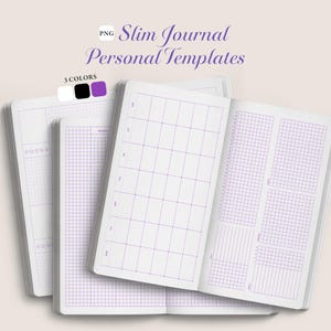 May include: White slim journals with purple grid templates are displayed, with one open to reveal the interior. The text "Slim Journal Personal Templates" is at the top. Three color options are shown: white, black, and purple.